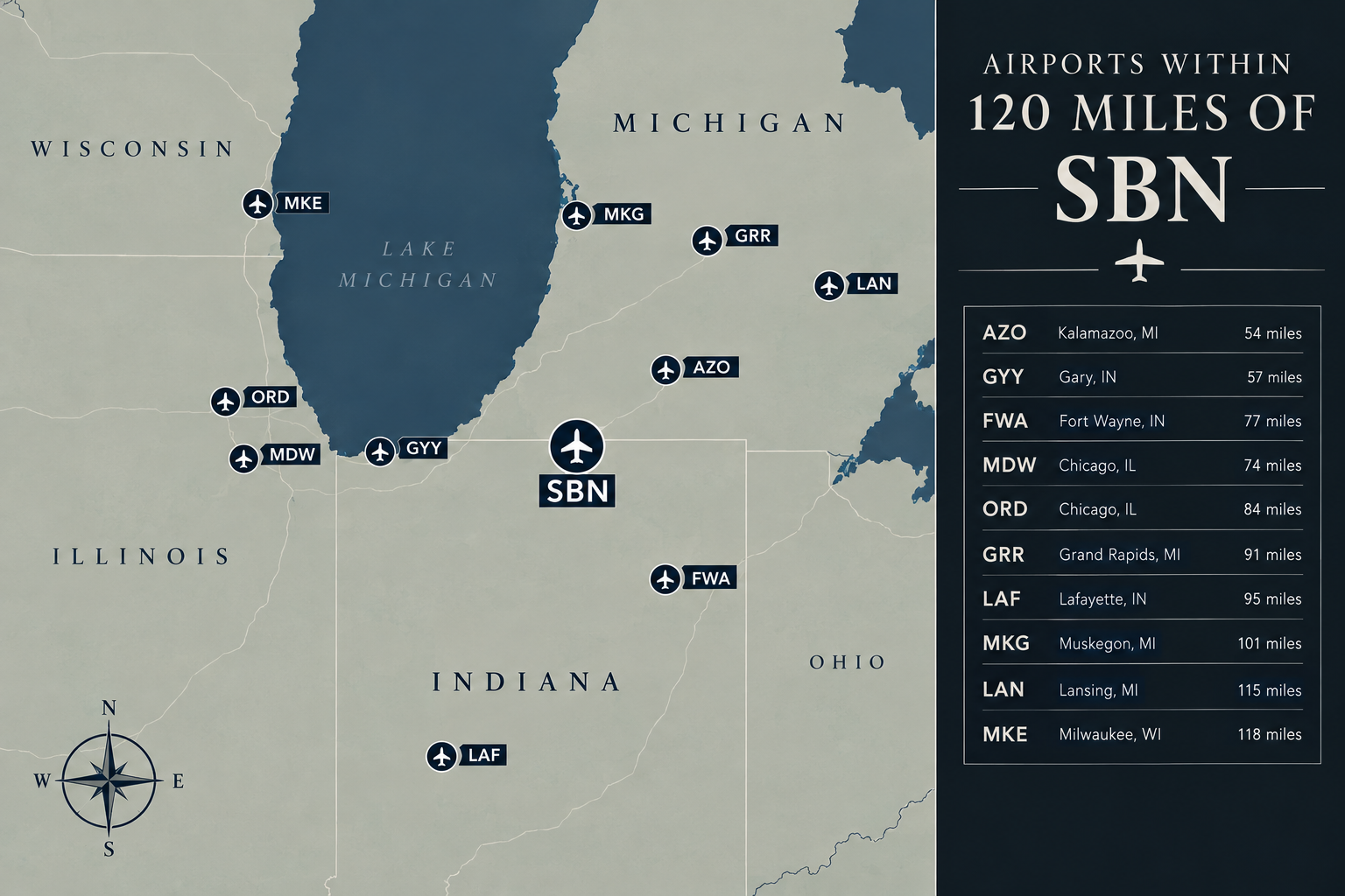 Map showing airports within 120 miles of South Bend, Indiana (SBN)